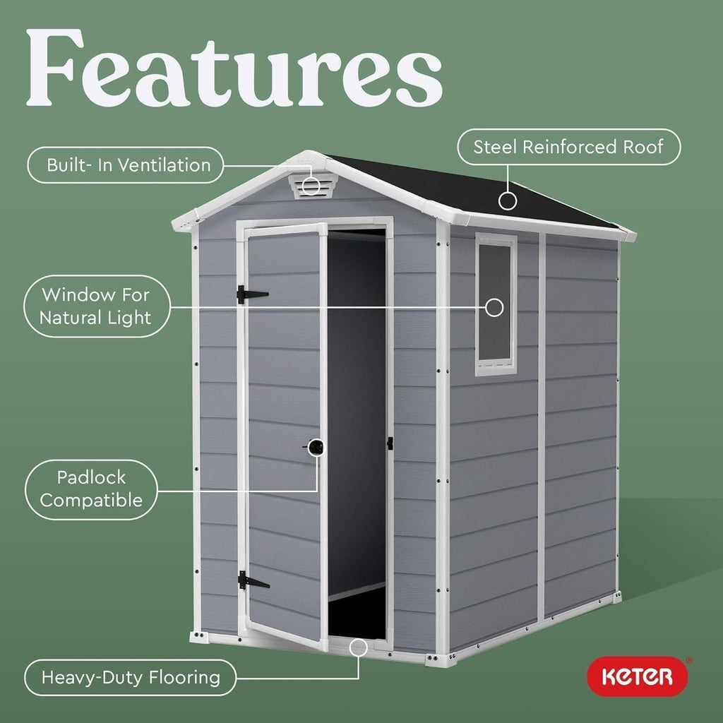 Keter Manor 4×6 Resin Outdoor Storage Shed Kit-Perfect to Store Patio Furniture, Garden Tools Bike Accessories, Beach Chairs and Lawn Mower, Grey & White image 2