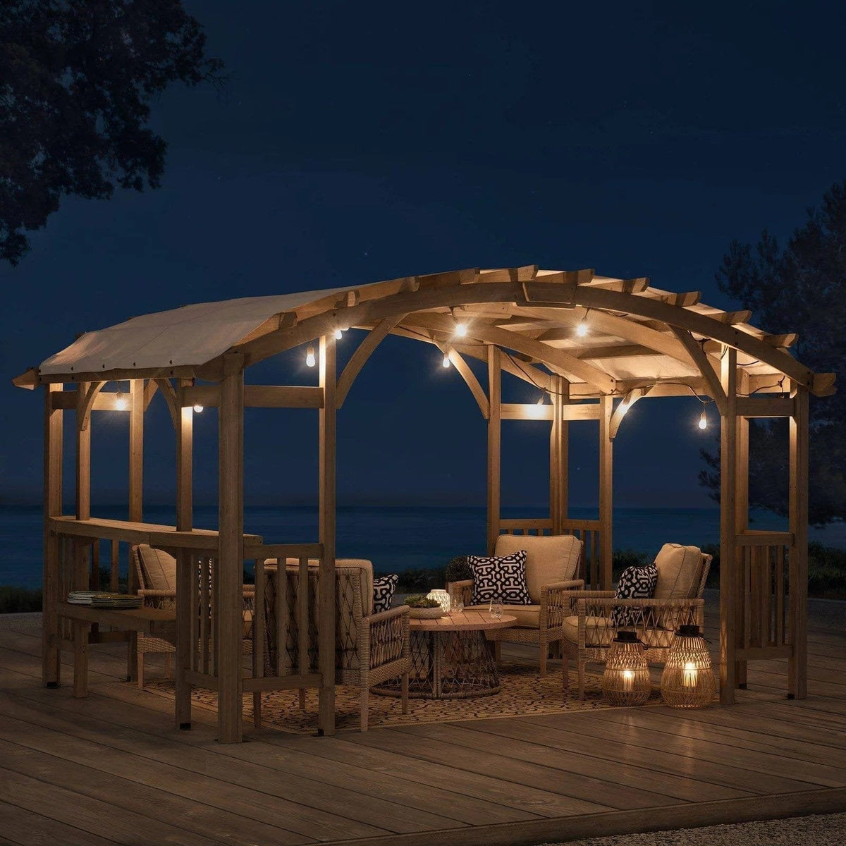 SummerCove 10 ft. x 14 ft. Light Gray Cedar Frame Arched Pergola with Shelves image 1