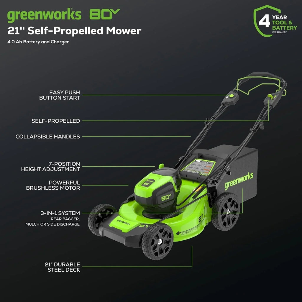 Greenworks 80V 21″ Cordless Self-Propelled Lawn Mowers. image 1