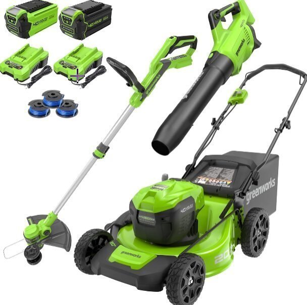 Greenworks 40V 20″ Cordless Mower, 500 CFM Blower, 12″ Trimmer, 2 Batteries (5Ah + 2Ah) & Chargers image 0