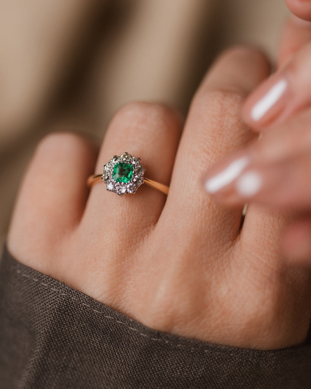 Fable Antique 18ct Gold Emerald & Diamond Cluster Ring