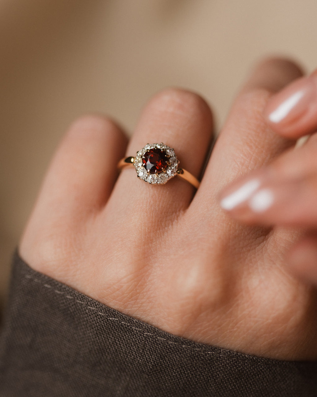 Madeleine Antique 18ct Gold Garnet & Diamond Cluster Ring
