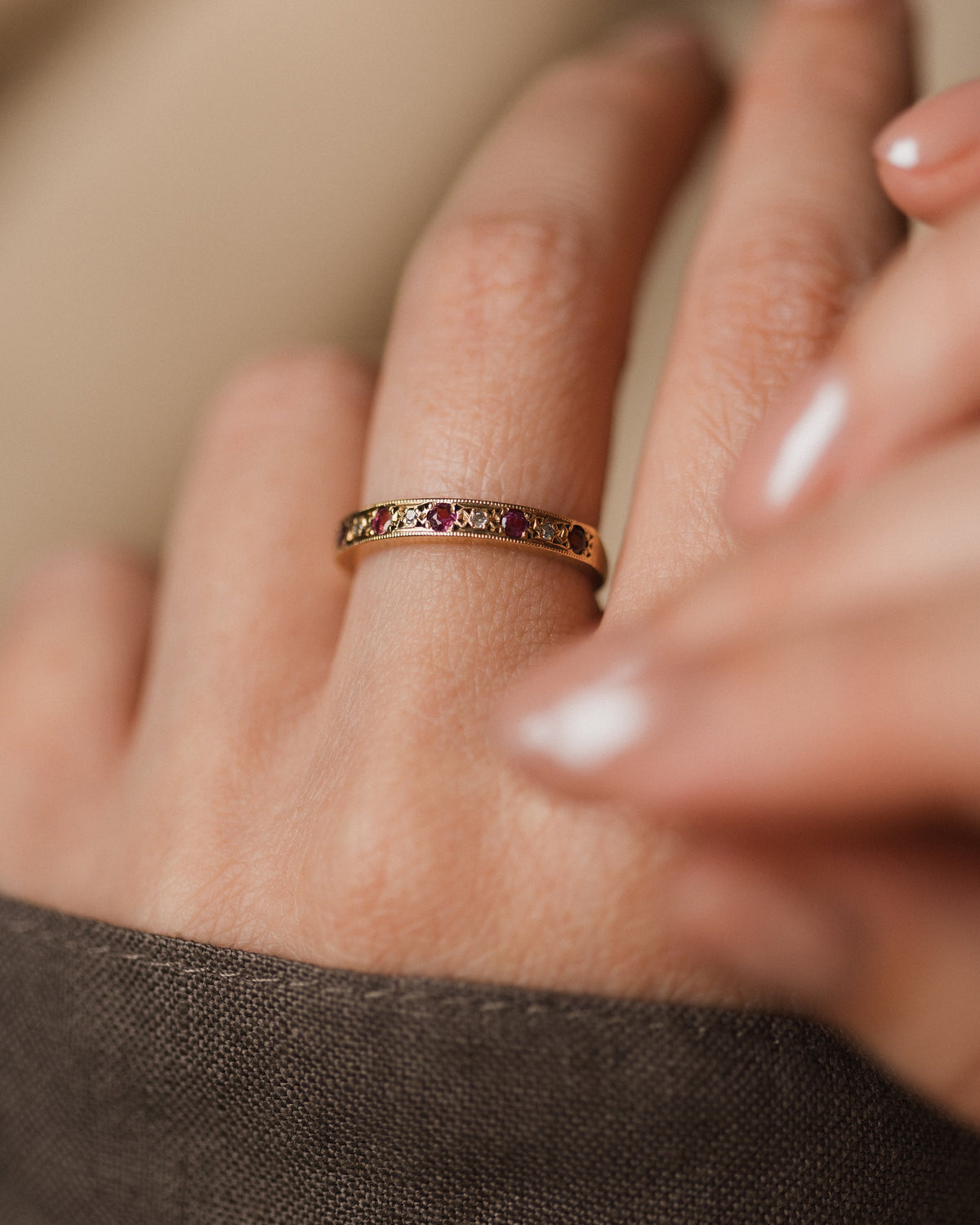 Rosemary 1979 Vintage 9ct Gold Ruby & Diamond Half Eternity Ring