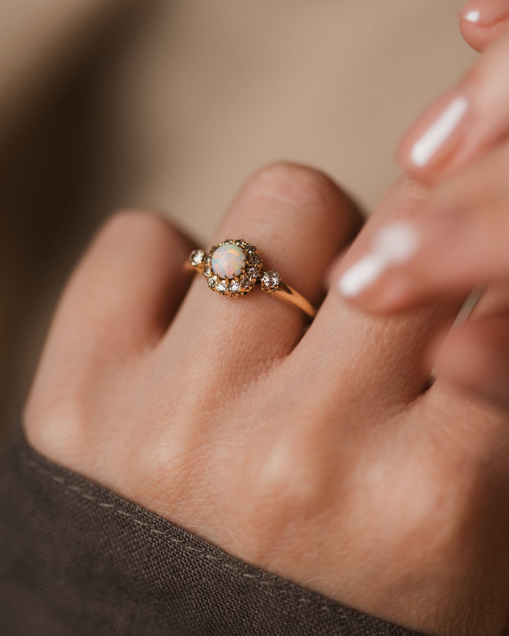 June 1901 Antique 18ct Gold Opal & Diamond Cluster Ring