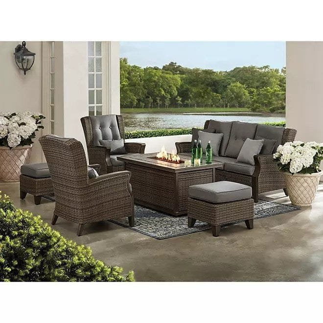 Newcastle 6-Piece Patio Deep Seating Set with Fire Pit – Smoke – Member’s Mark image 0