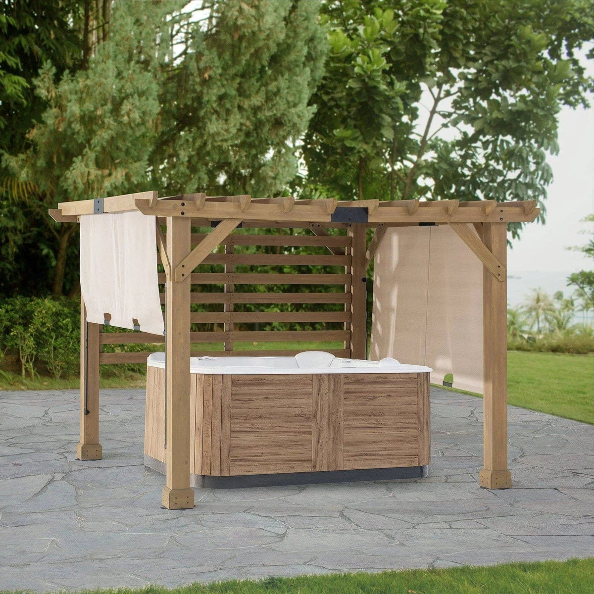 SummerCove 11 ft. x 10 ft. Tan Cedar Frame Wood Pergola with Adjustable Canopy image 0