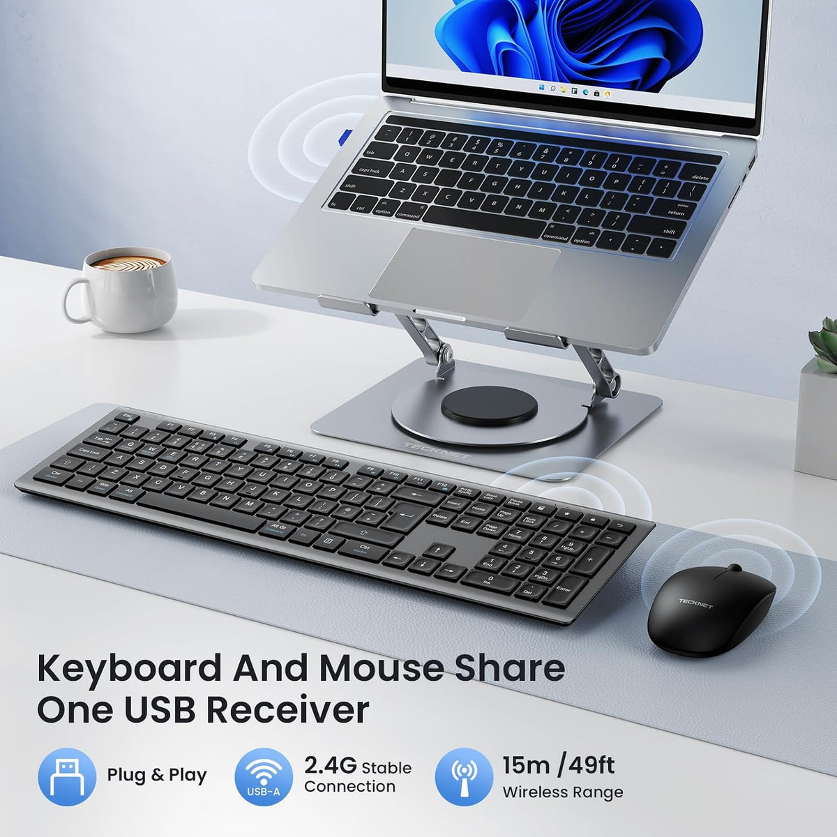 TECKNET Wireless Keyboard and Mouse Combo Rechargeable 2.4G UK Layout, Grey
