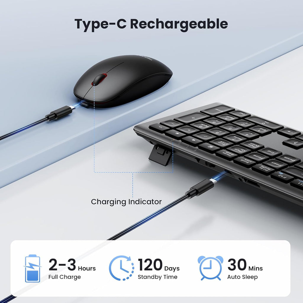 TECKNET Wireless Keyboard and Mouse Combo Rechargeable 2.4G UK Layout, Grey