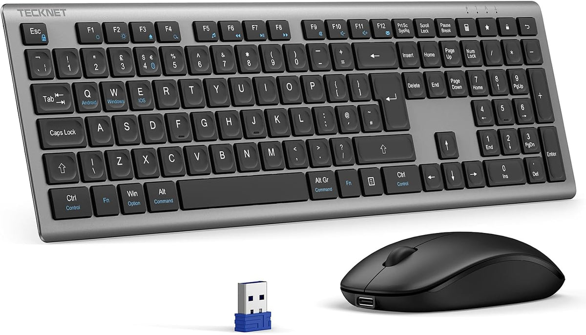 TECKNET Wireless Keyboard and Mouse Combo Rechargeable 2.4G UK Layout, Grey