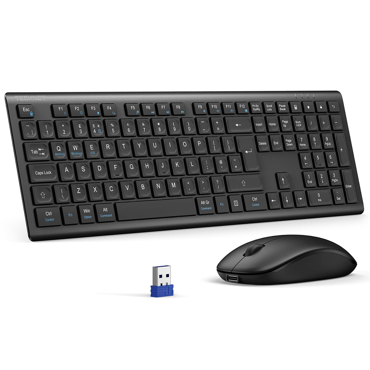 TECKNET Wireless Keyboard and Mouse Combo Rechargeable 2.4G UK Layout, Grey