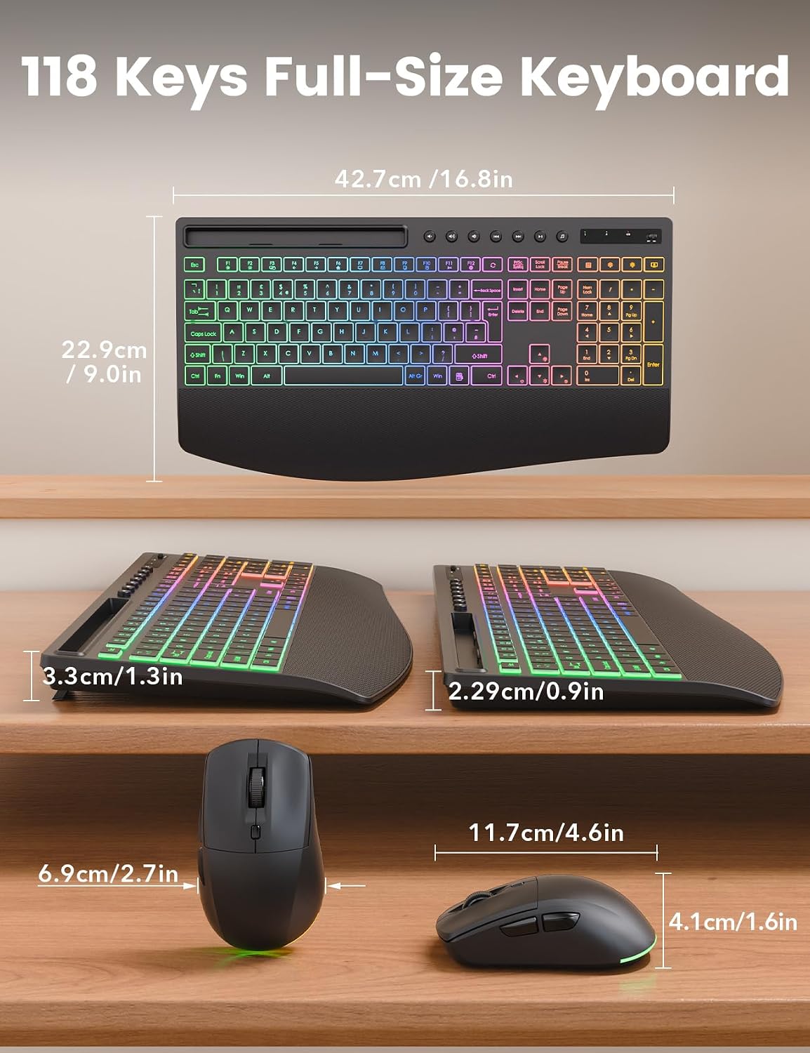 Wireless Keyboard and Mouse Set, 4000mAh Rechargeable Backlit, Wrist Rest