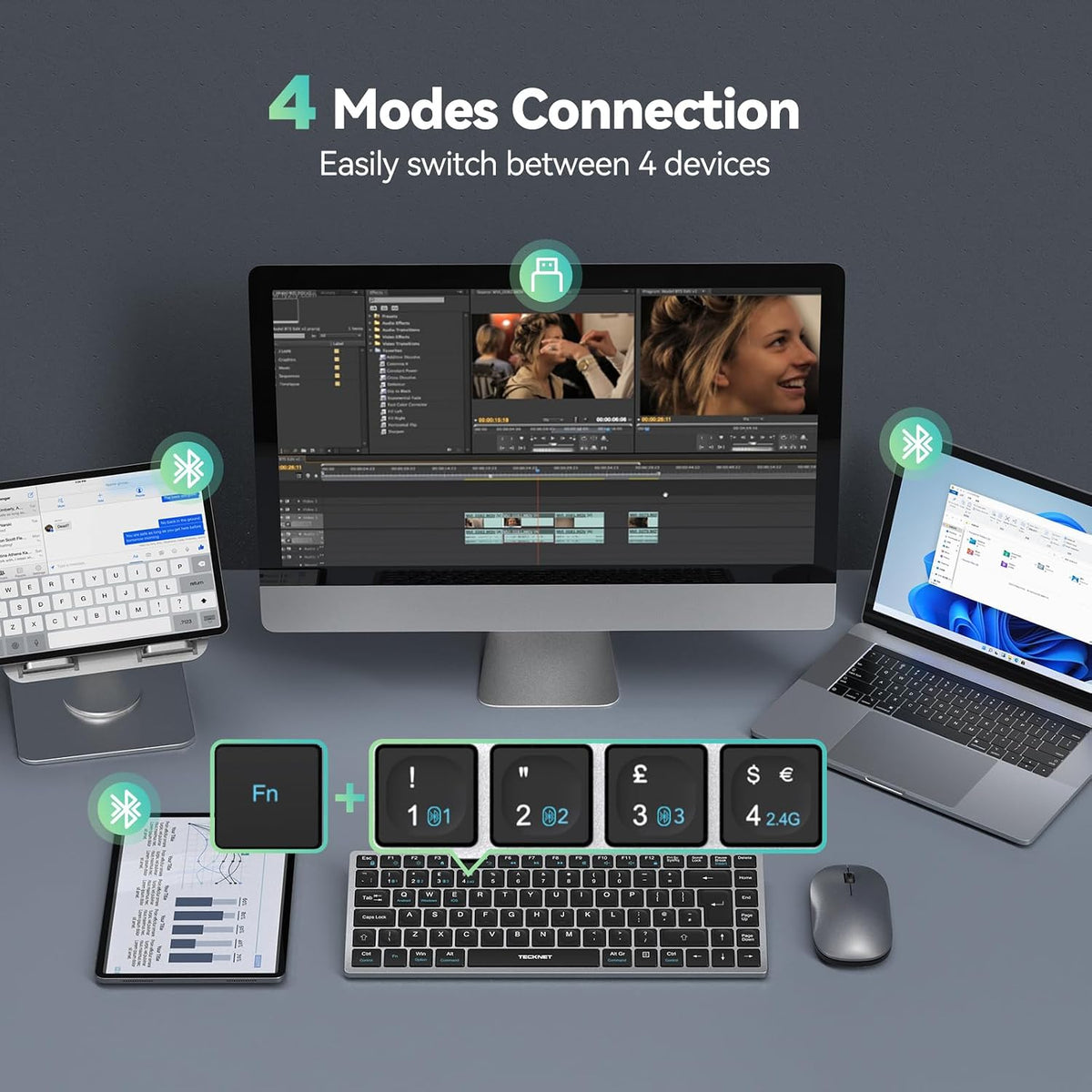 Wireless Keyboard, Bluetooth Keyboard for 4 Multi Devices