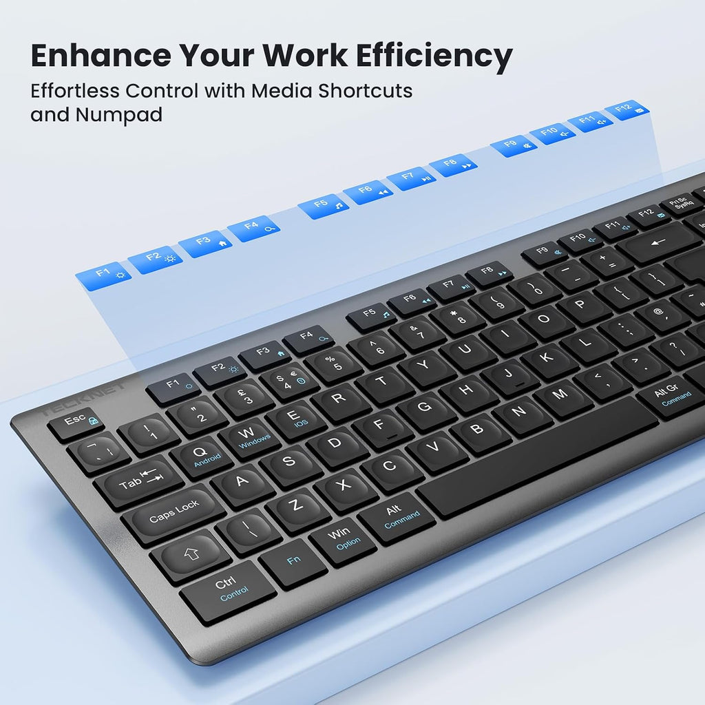 TECKNET Wireless Keyboard and Mouse Combo Rechargeable 2.4G UK Layout, Grey