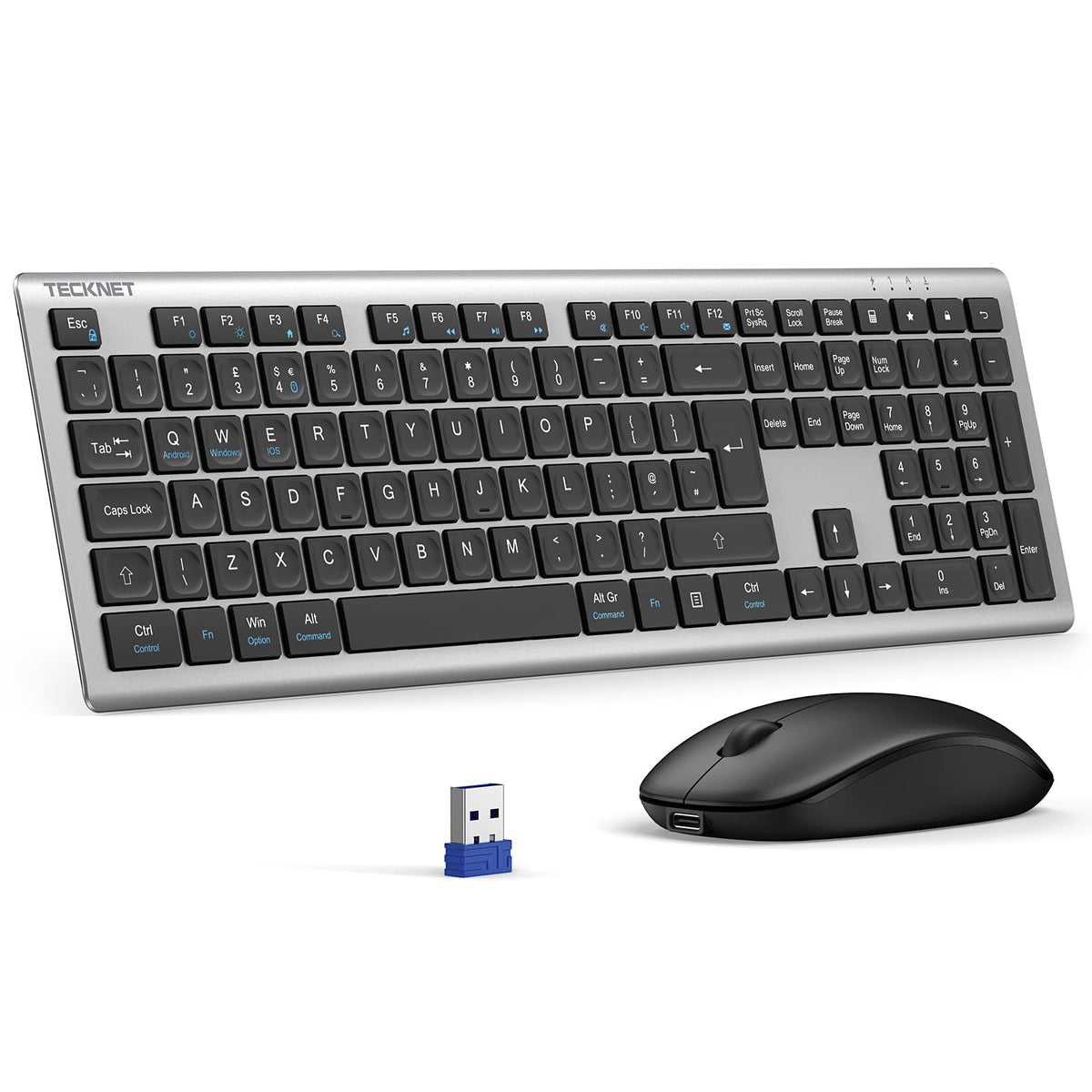 TECKNET Wireless Keyboard and Mouse Combo Rechargeable 2.4G UK Layout, Grey