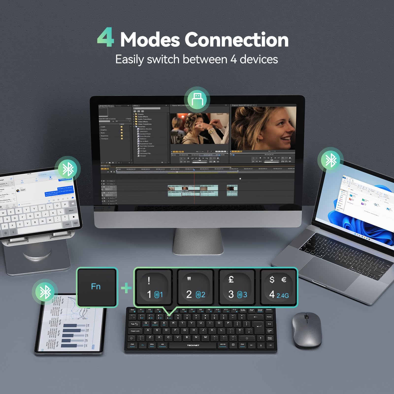 Wireless Keyboard, Bluetooth Keyboard for 4 Multi Devices