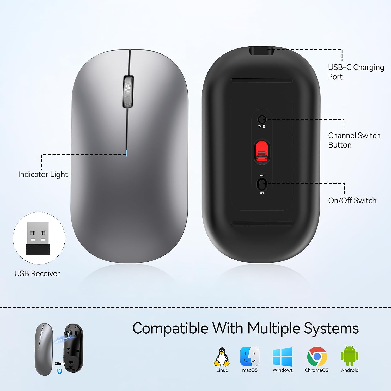 TECKNET Rechargeable Wireless Mouse, Bluetooth Mouse Triple Mode, Silver