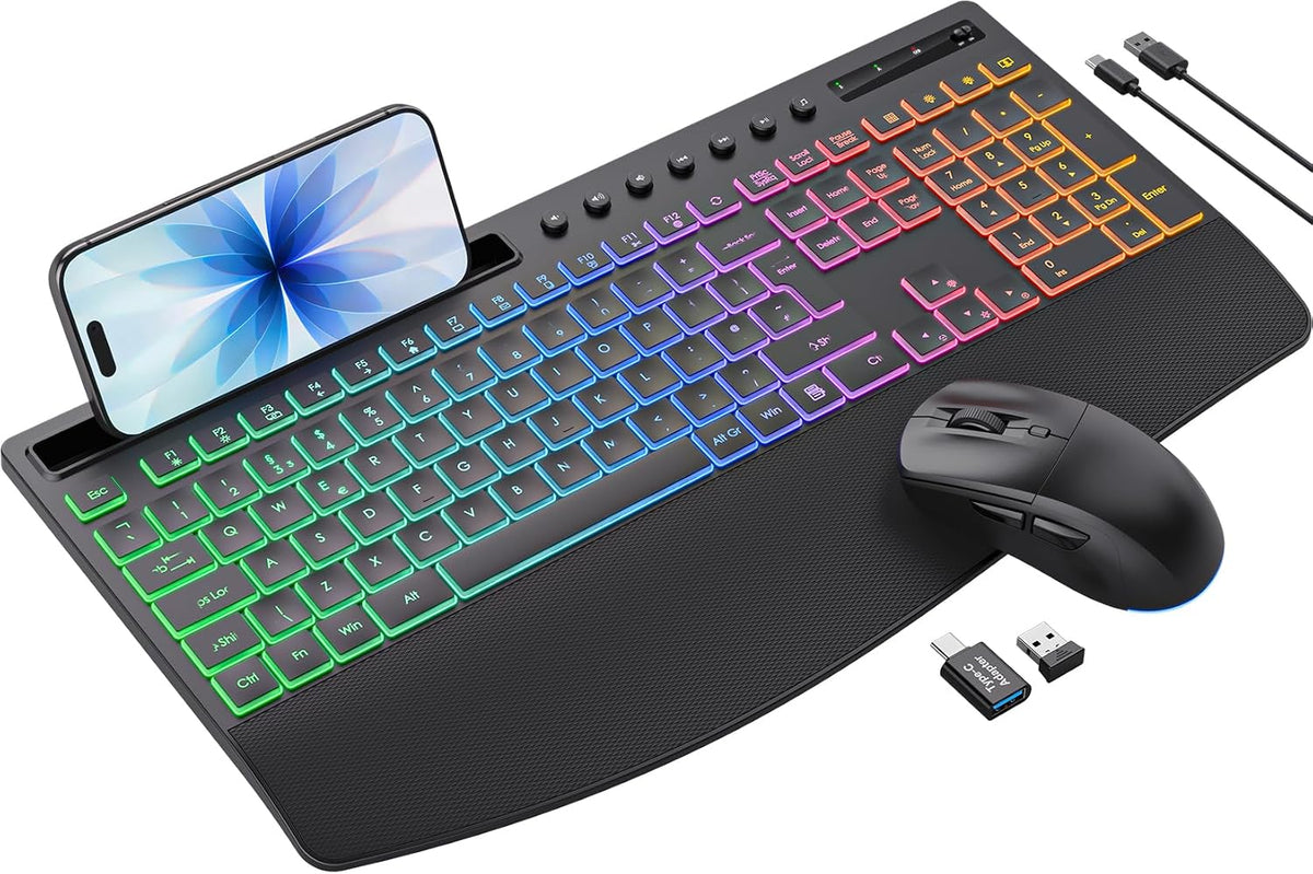 Wireless Keyboard and Mouse Set, 4000mAh Rechargeable Backlit, Wrist Rest