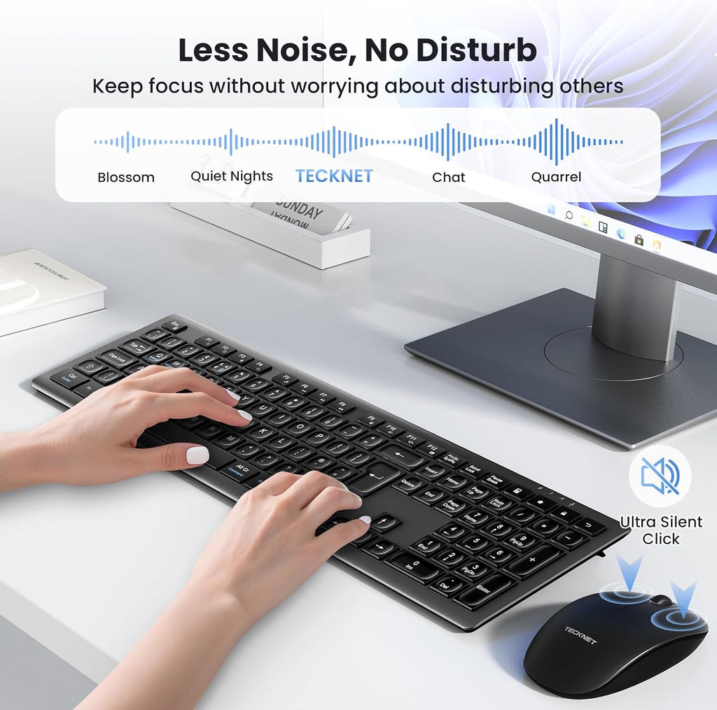 TECKNET Wireless Keyboard and Mouse Combo Rechargeable 2.4G UK Layout, Grey