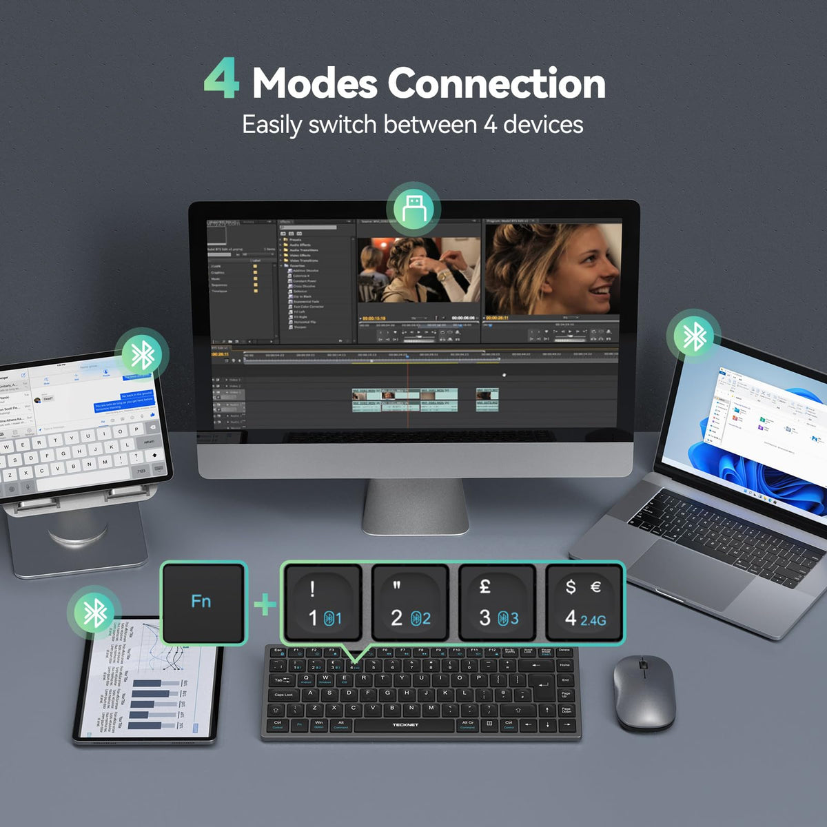 Wireless Keyboard, Bluetooth Keyboard for 4 Multi Devices