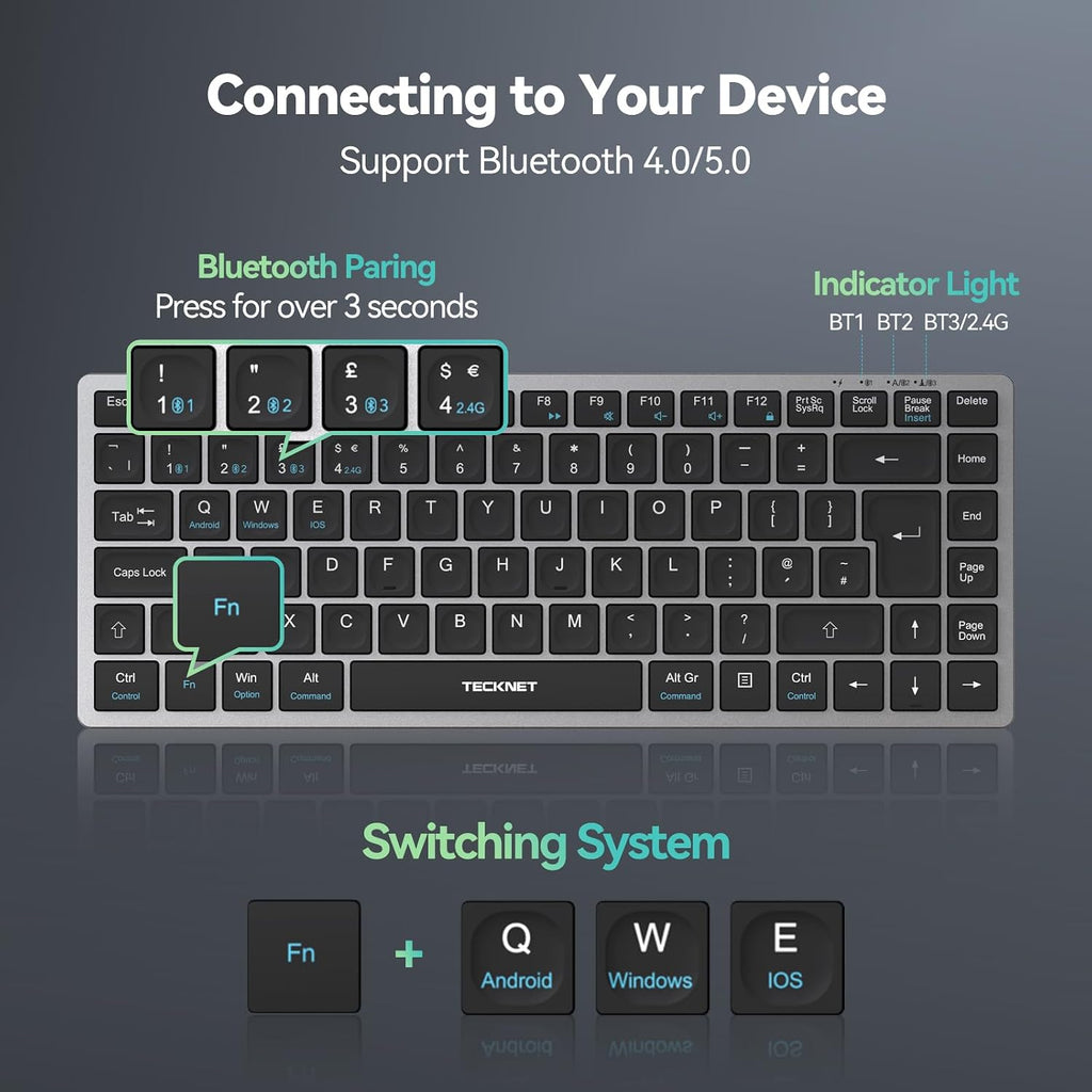 Wireless Keyboard, Bluetooth Keyboard for 4 Multi Devices
