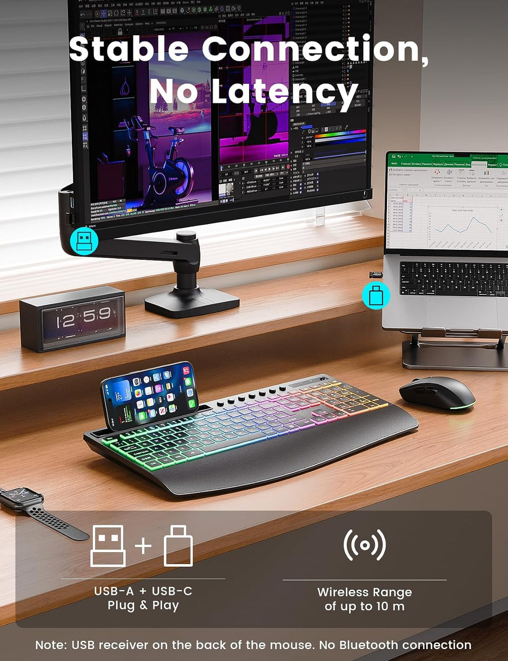 Wireless Keyboard and Mouse Set, 4000mAh Rechargeable Backlit, Wrist Rest