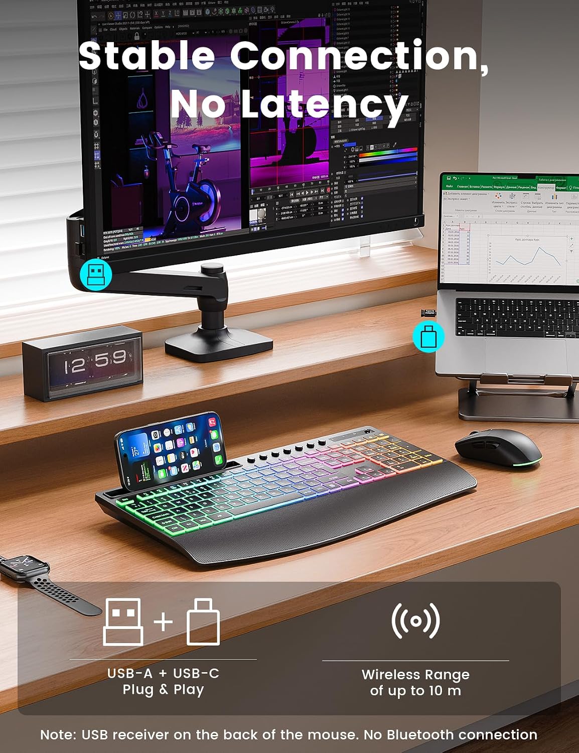 Wireless Keyboard and Mouse Set, 4000mAh Rechargeable Backlit, Wrist Rest