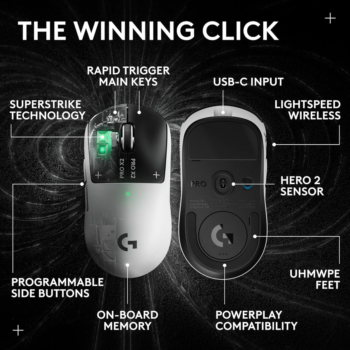 Logitech G PRO X2 SUPERSTRIKE Lightspeed Wireless Gaming Mouse, Fast Performance, Ultra Lightweight (61 g), Customizable Click Haptics, USB-C, for PC/Mac/Laptop - White