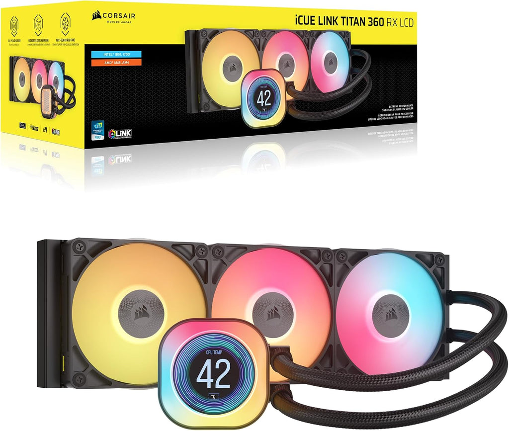 Corsair iCUE LINK TITAN 360 RX LCD Liquid CPU Cooler – 360mm AIO – Low-Noise – FlowDrive Cooling Engine – Intel LGA 1851/1700, AMD AM5/AM4 – 3x RX120 RGB Fans – iCUE LINK System Hub Included – Black