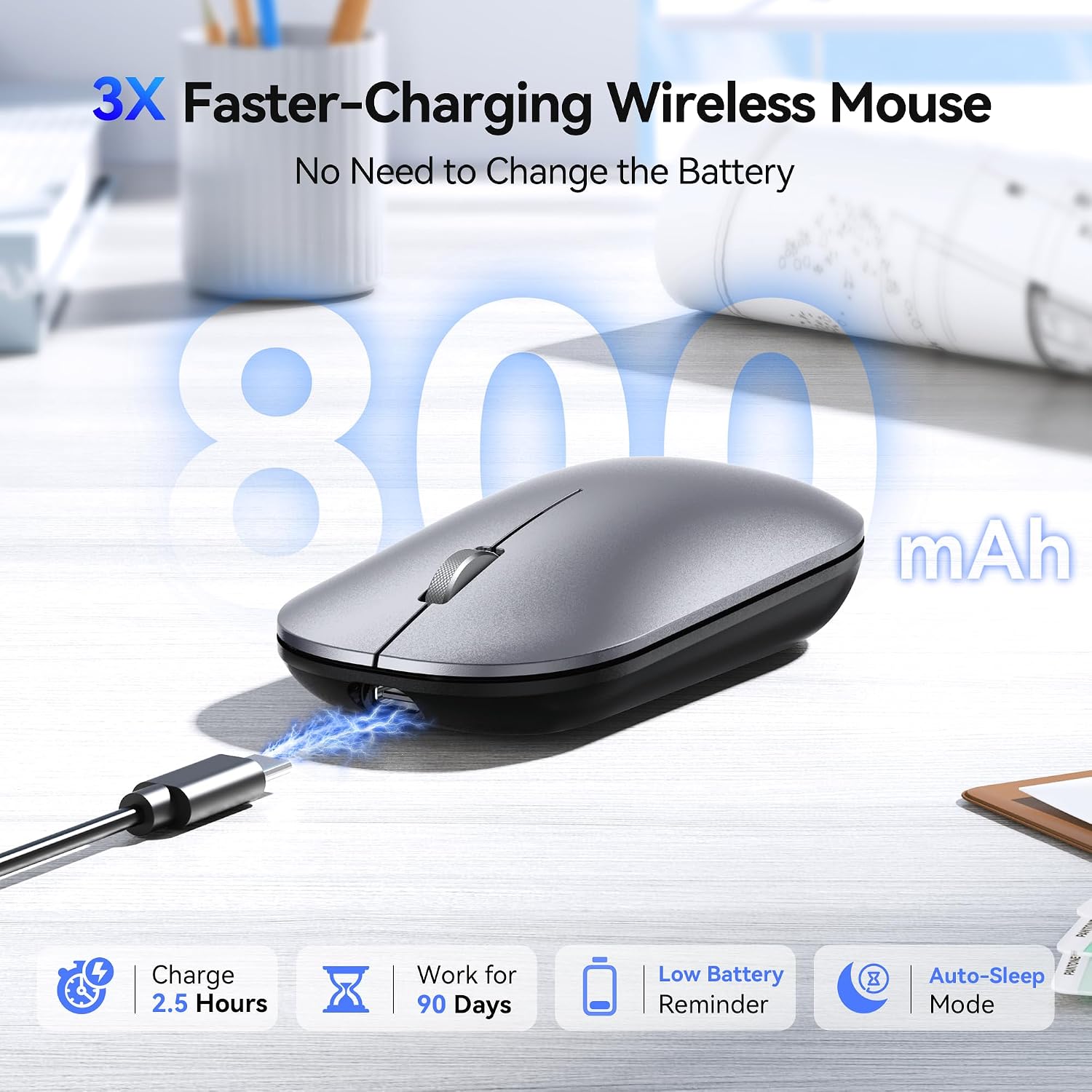 TECKNET Rechargeable Wireless Mouse, Bluetooth Mouse Triple Mode, Silver