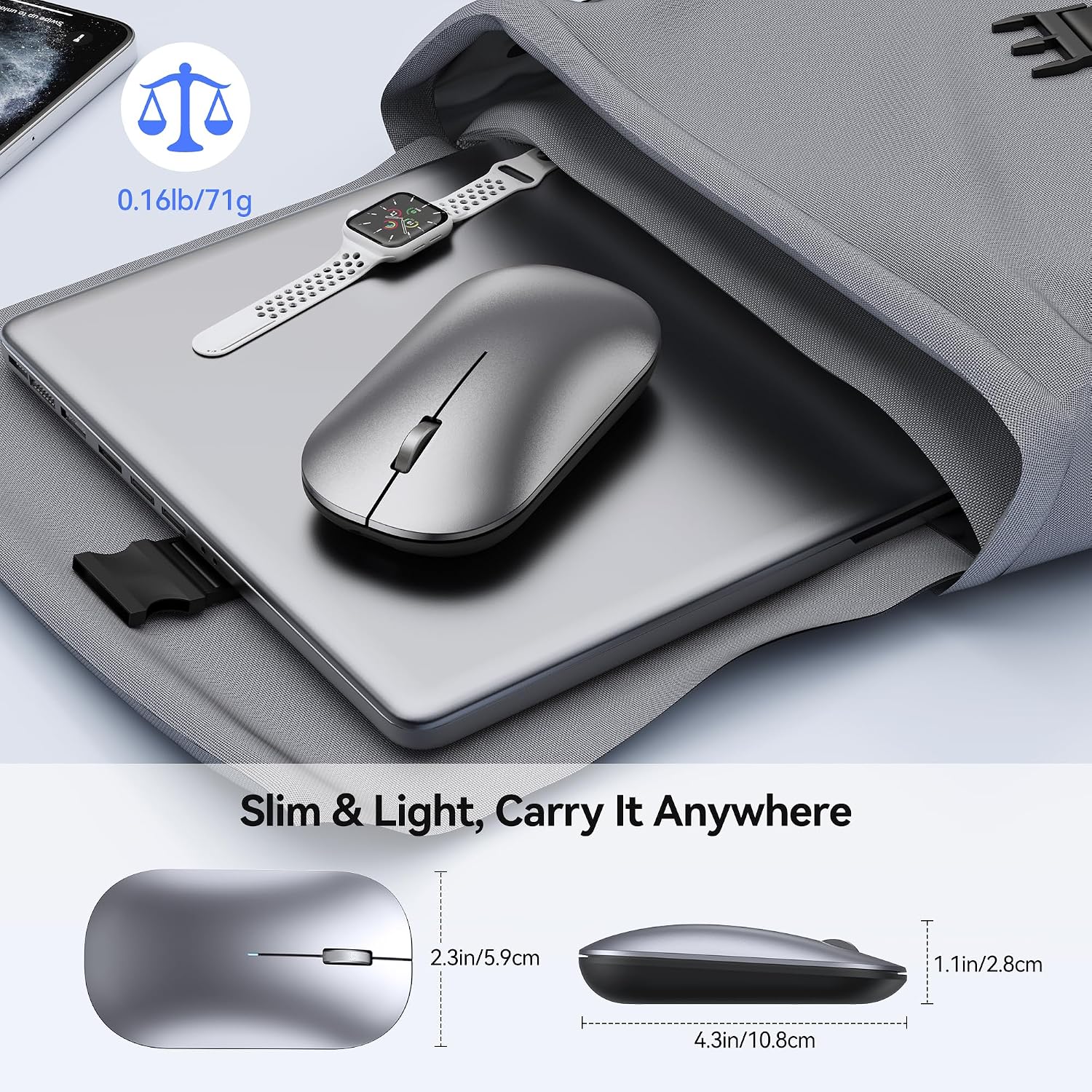 TECKNET Rechargeable Wireless Mouse, Bluetooth Mouse Triple Mode, Silver