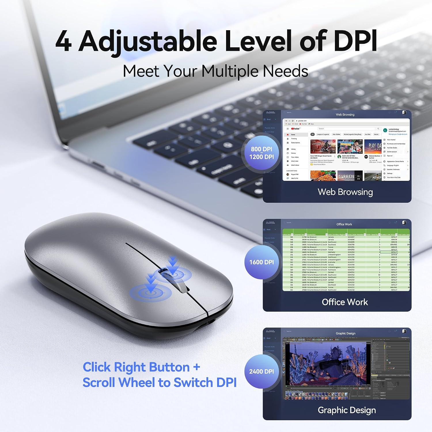 TECKNET Rechargeable Wireless Mouse, Bluetooth Mouse Triple Mode, Silver