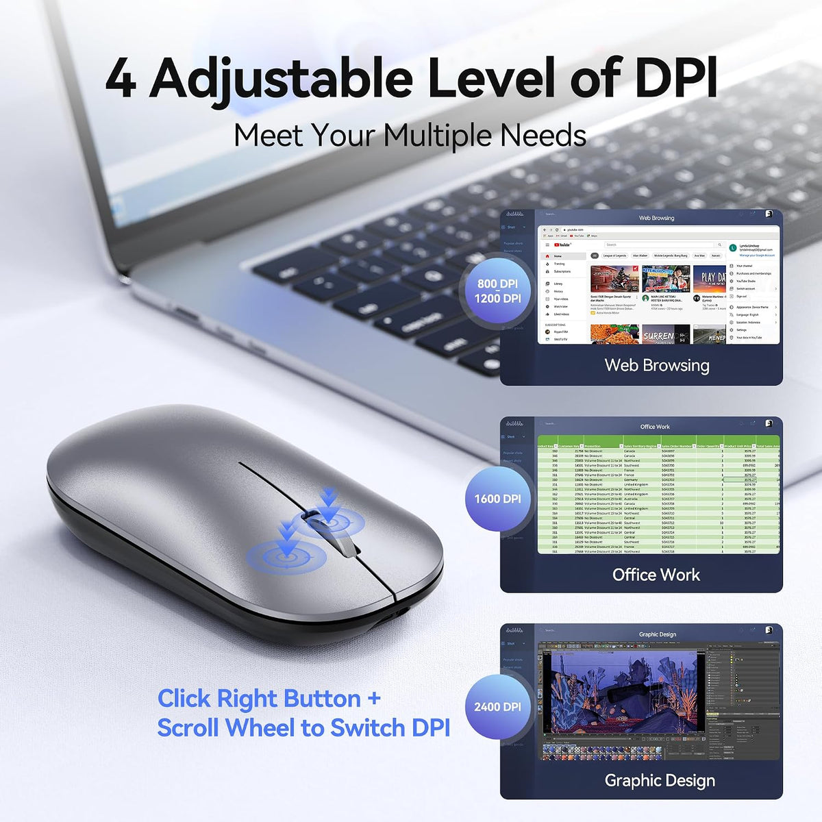 TECKNET Rechargeable Wireless Mouse, Bluetooth Mouse Triple Mode, Silver