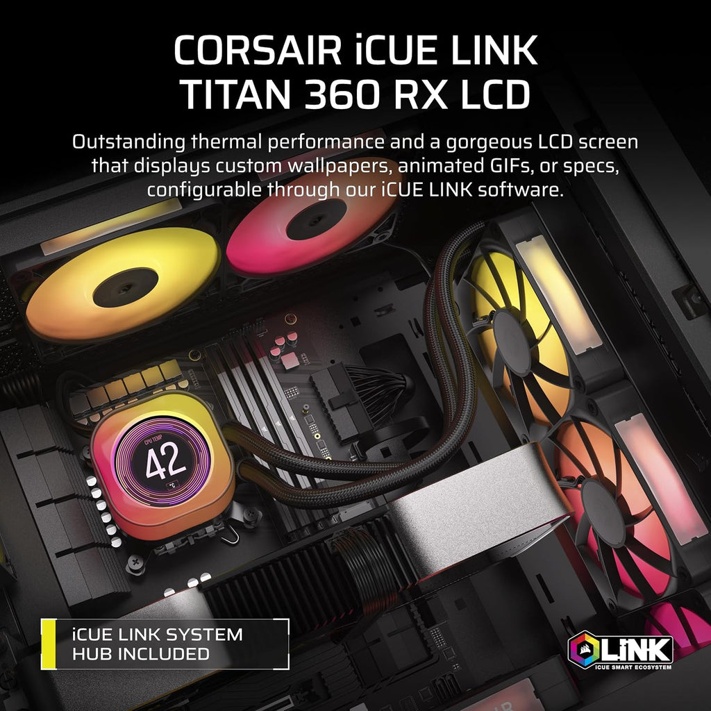 Corsair iCUE LINK TITAN 360 RX LCD Liquid CPU Cooler – 360mm AIO – Low-Noise – FlowDrive Cooling Engine – Intel LGA 1851/1700, AMD AM5/AM4 – 3x RX120 RGB Fans – iCUE LINK System Hub Included – Black