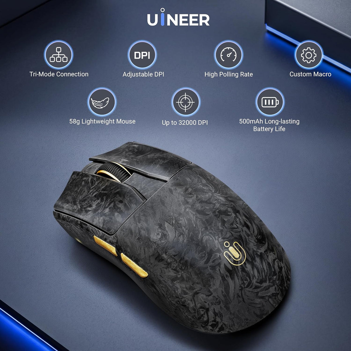 Uineer Wireless Gaming Mouse, Tri‑Mode 2.4G/Bluetooth/Wired, 32000 DPI