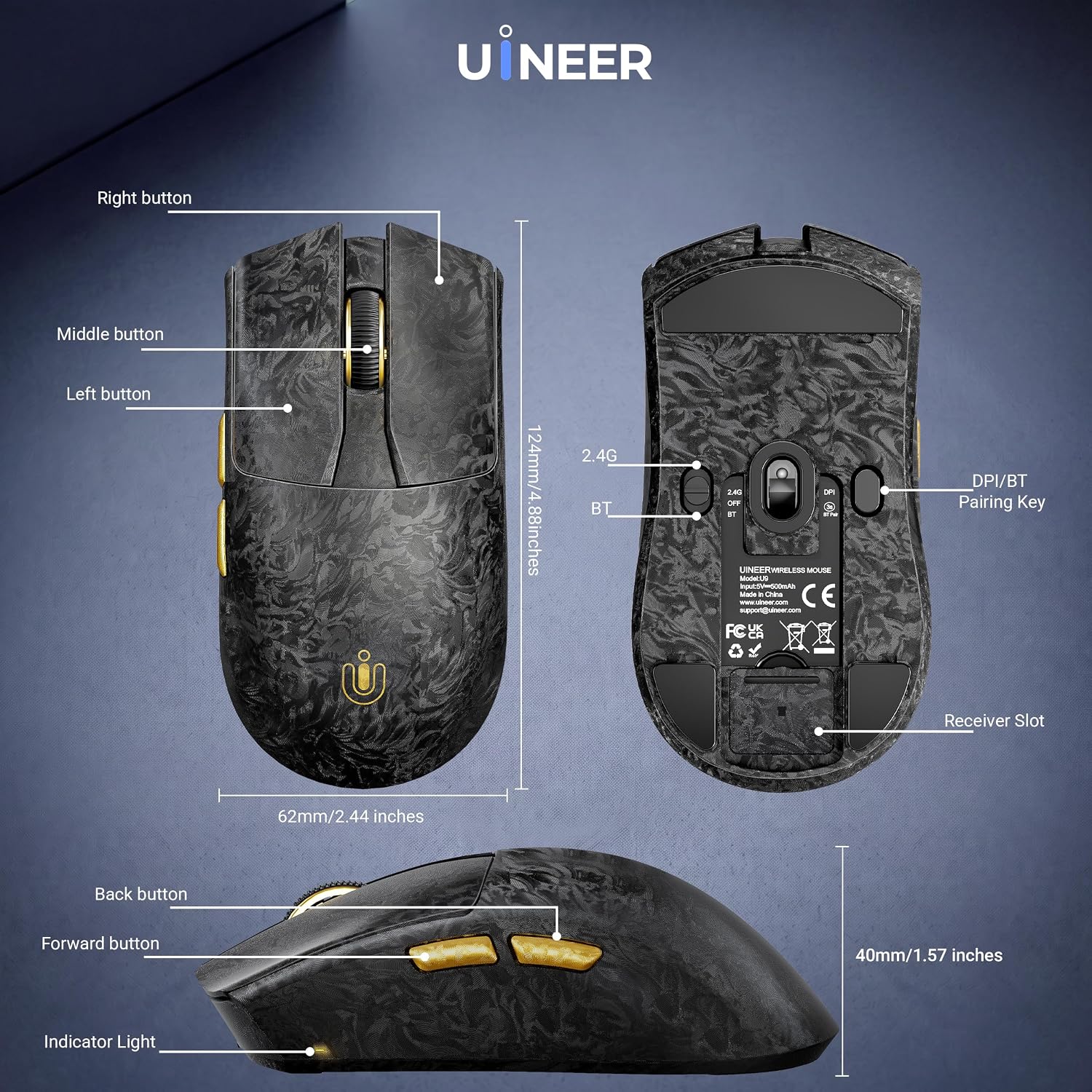 Uineer Wireless Gaming Mouse, Tri‑Mode 2.4G/Bluetooth/Wired, 32000 DPI