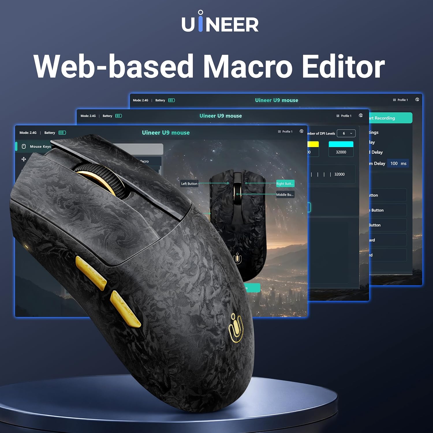 Uineer Wireless Gaming Mouse, Tri‑Mode 2.4G/Bluetooth/Wired, 32000 DPI