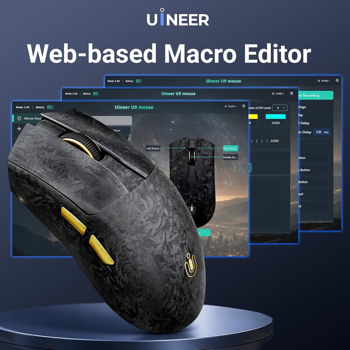 Uineer Wireless Gaming Mouse, Tri‑Mode 2.4G/Bluetooth/Wired, 32000 DPI