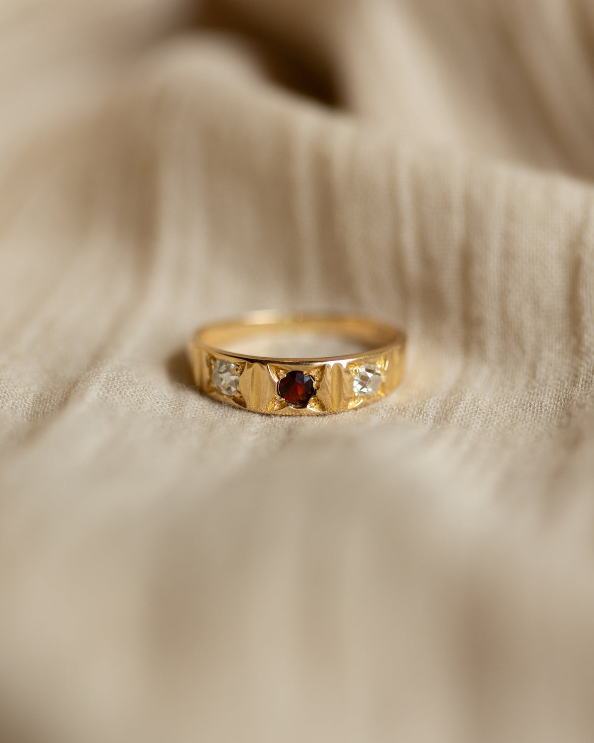 Sylvie Antique 18ct Gold Garnet & Diamond Trilogy Ring