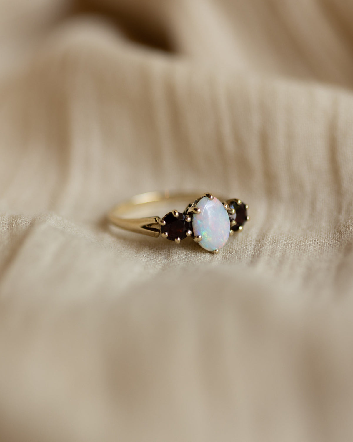 Grace 1968 Vintage 9ct Gold Opal & Garnet Trilogy Ring