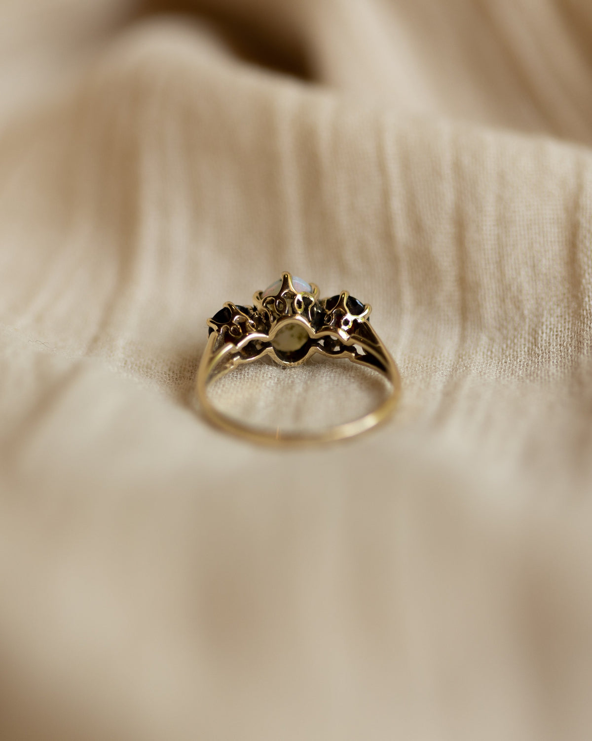 Grace 1968 Vintage 9ct Gold Opal & Garnet Trilogy Ring