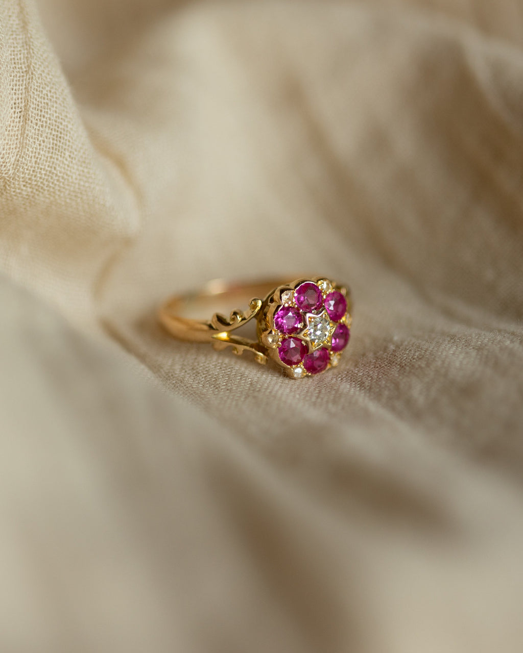 Therese 1908 Antique 18ct Gold Ruby & Diamond Cluster Ring