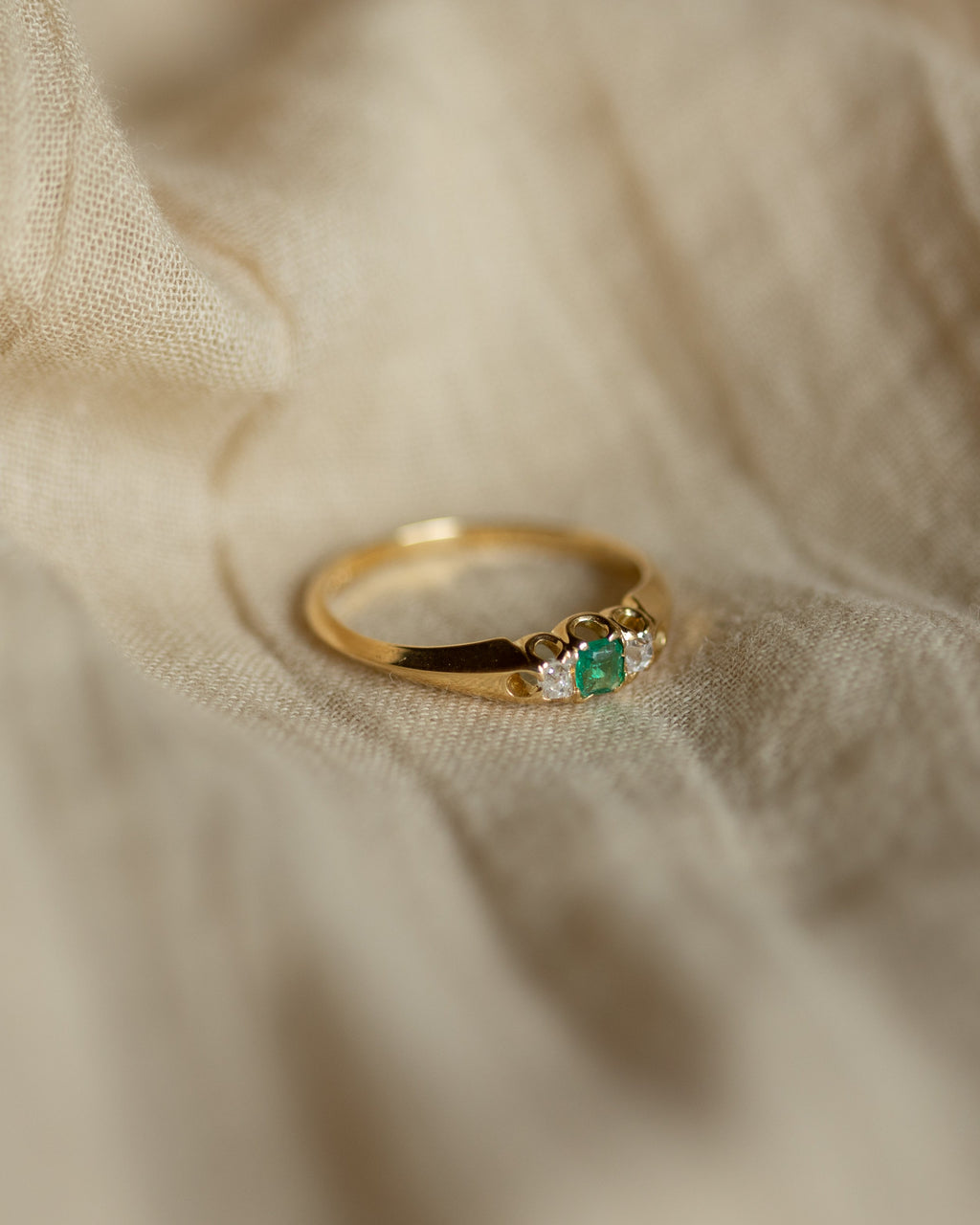 Félicie Antique 18ct Gold Emerald & Diamond Trilogy Ring
