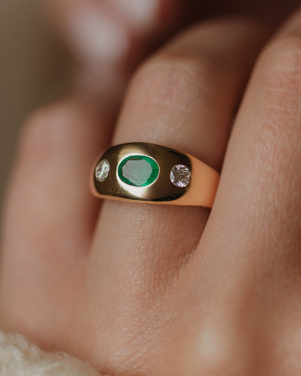 Grace Vintage 18ct Gold Emerald & Diamond Trilogy Rubover Ring