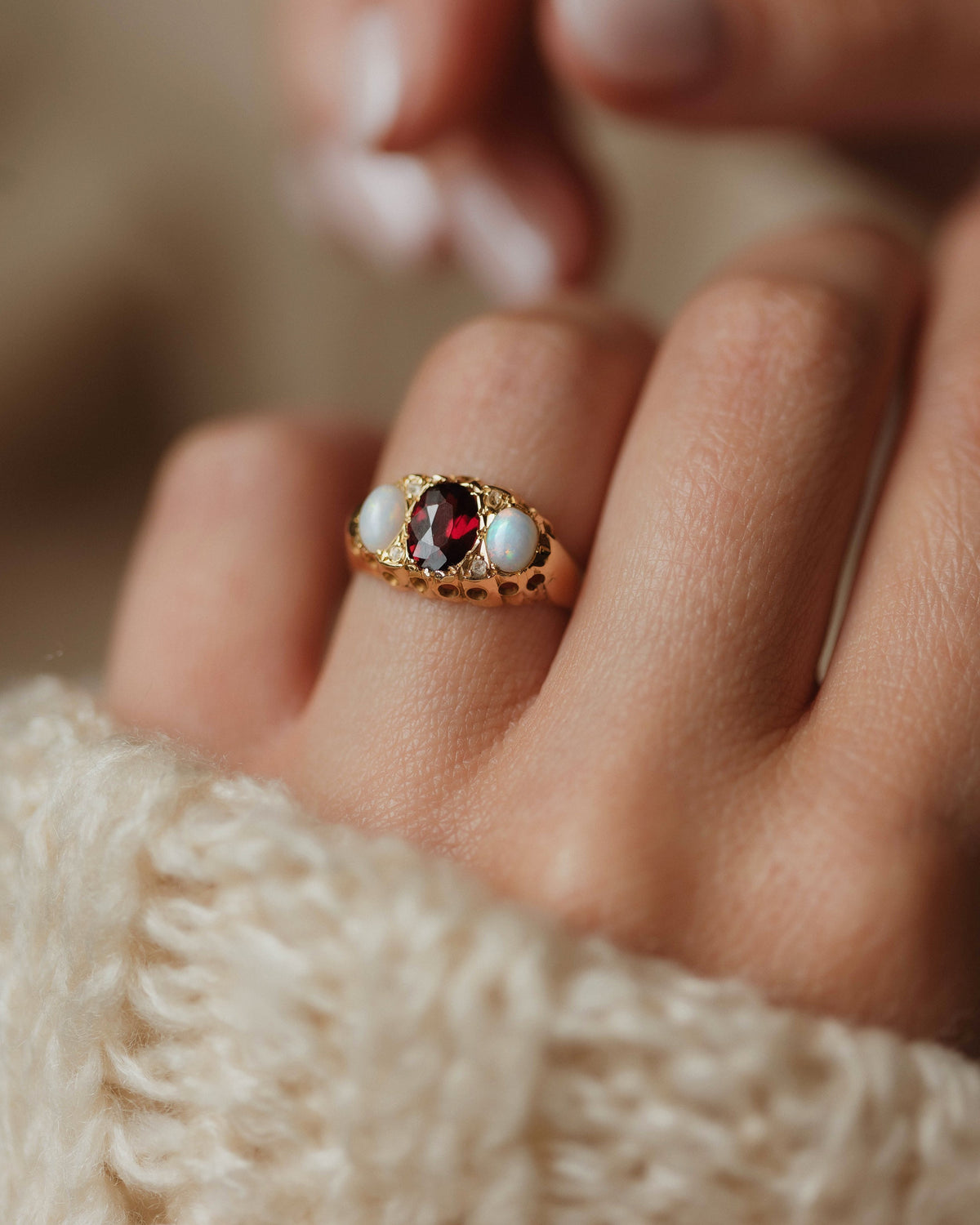 Phillis 1906 Antique 18ct Gold Garnet, Opal & Diamond Ring