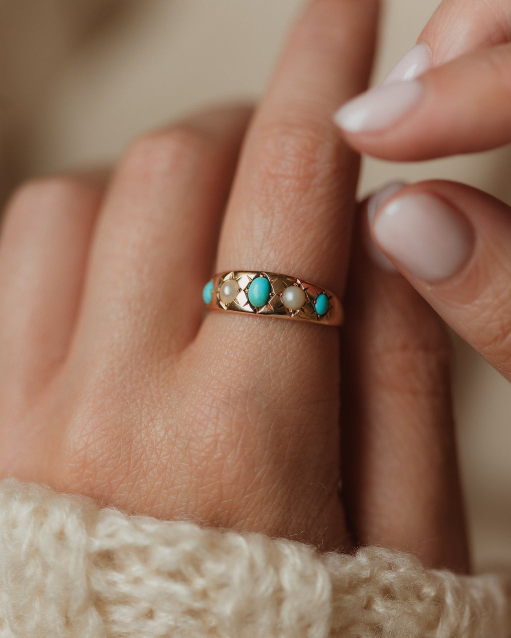 Sylvia Antique 18ct Gold Turquoise & Pearl Five Stone Ring