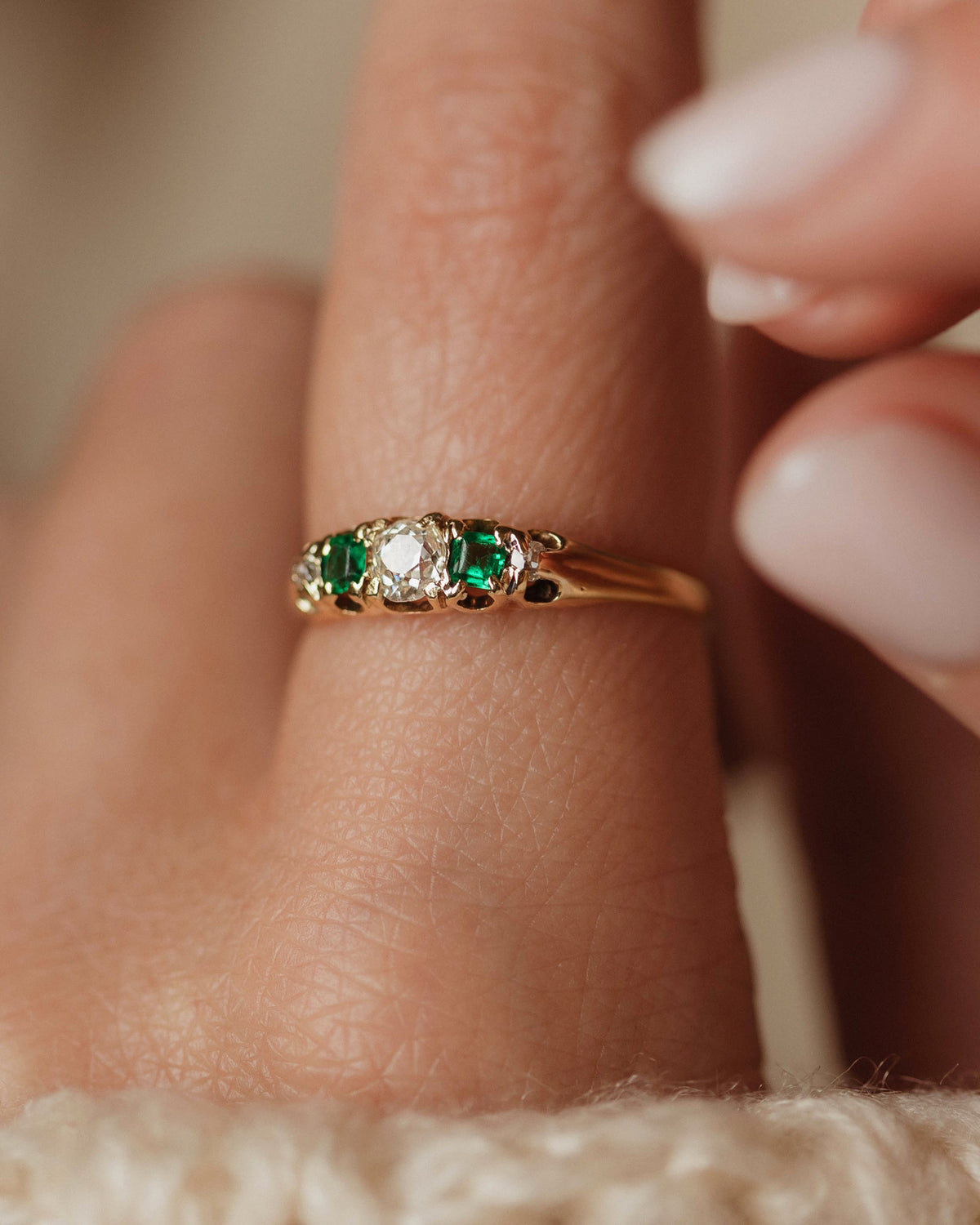 Augusta Antique 18ct Gold Emerald & Diamond Five Stone Ring