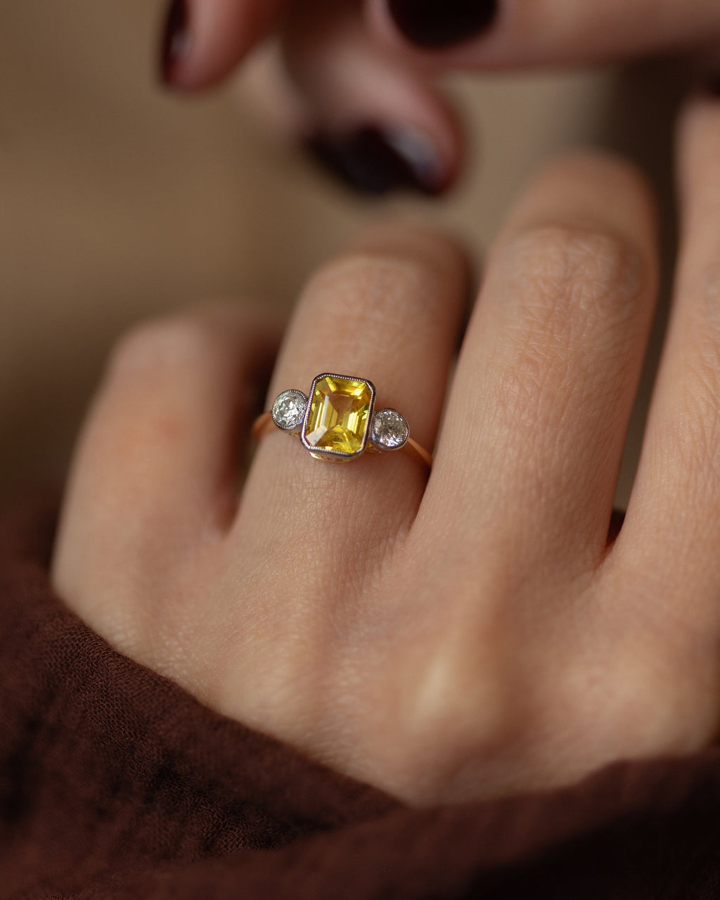 Nicolette Vintage 18ct Gold Yellow Sapphire & Diamond Trilogy Ring