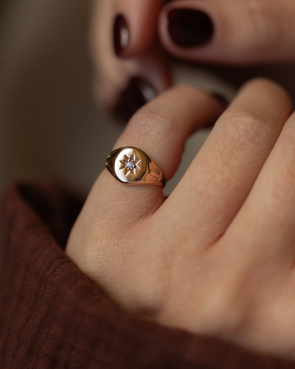 Estelle 1915 Antique 9ct Gold Star Set Diamond Signet Ring