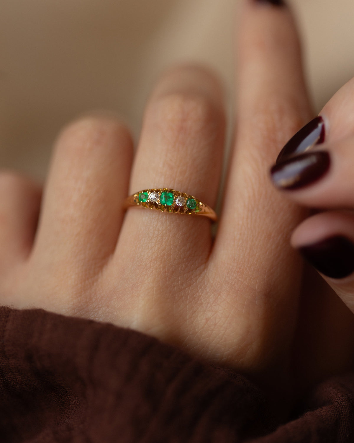 Anais 1904 Antique 18ct Gold Emerald & Diamond Five Stone Ring