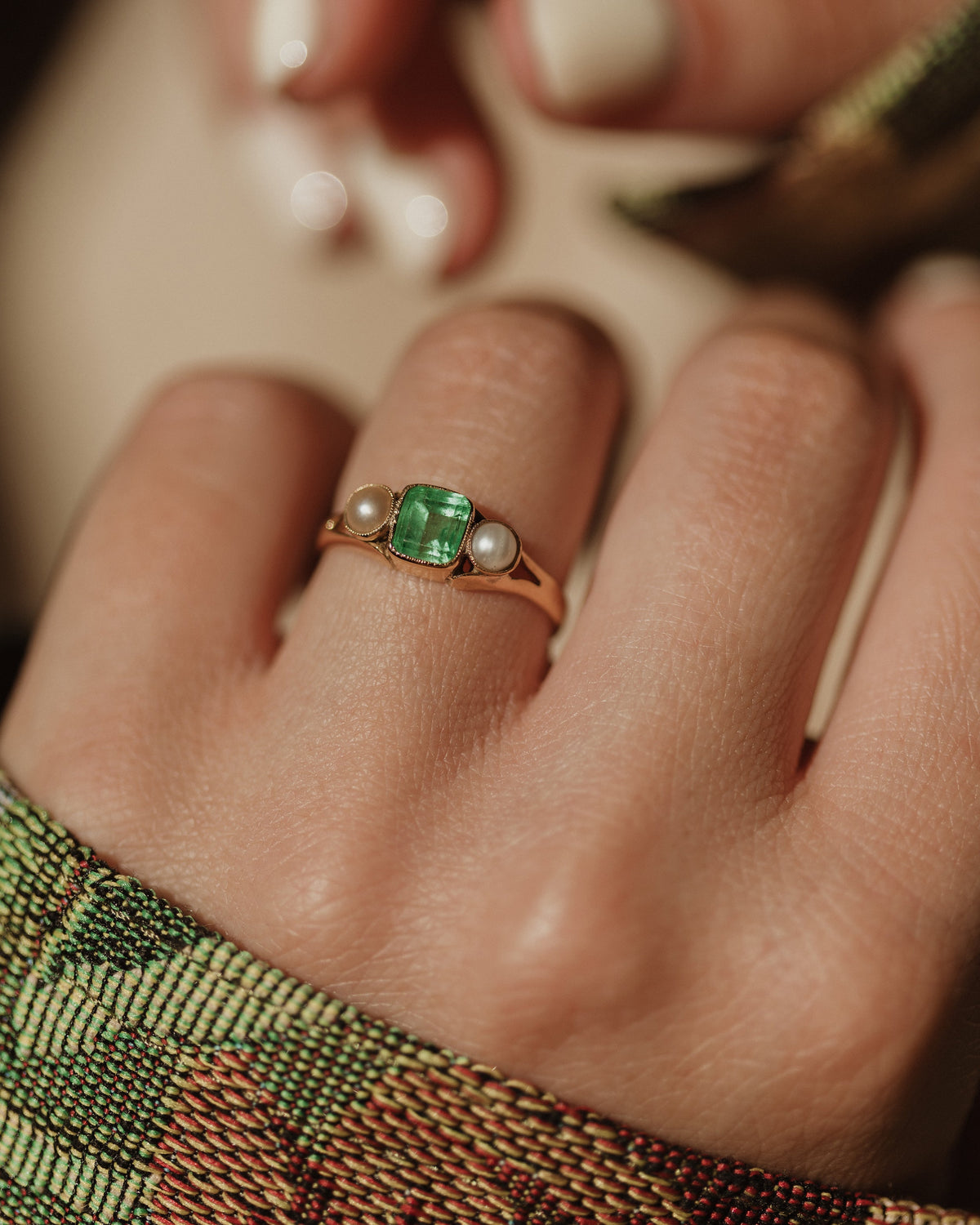 Constance Antique 18ct Gold Emerald & Pearl Trilogy Ring